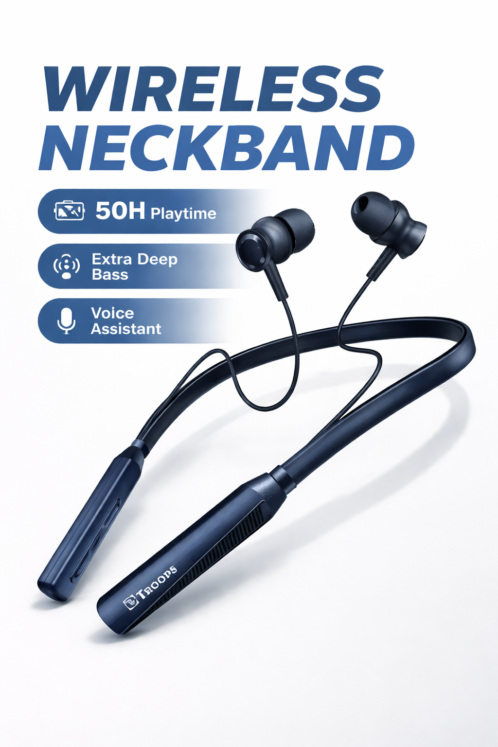 P Troops Wireless Bluetooth Neckband Earphones | 20+ Hours Playtime, 10mm Drivers & Type-C Fast Charging - Blue